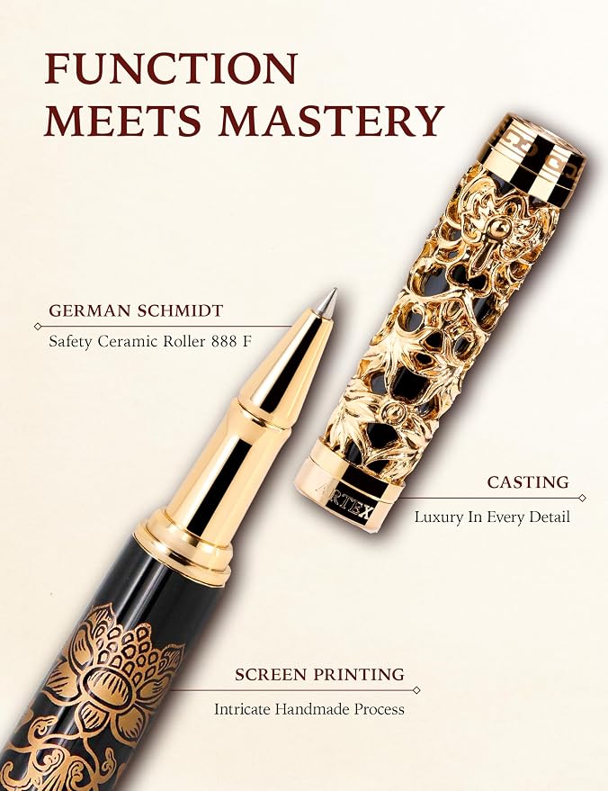 Executive Rollerball Pen Sets With Stand-Museum Collections-Crafting Timeless Beauty-Luxury Pen Gift & Office Desk Decor, German SCHMIDT refill, Solid Metal & Marble Texture (Black and Gold Pen)