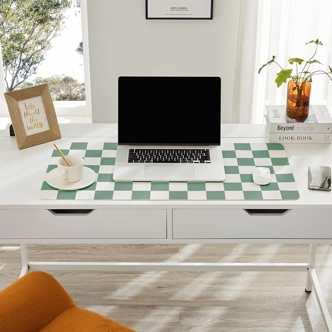 Ohocut Checkered Desk Mat, Large Cute Aesthetic Retro PU Leather Computer Laptop Desk Mat, Non-Slip Waterproof Mouse Keyboard Pad, Desk Writing Mat for Work/Home (Sage, 31.5" x 15.7")