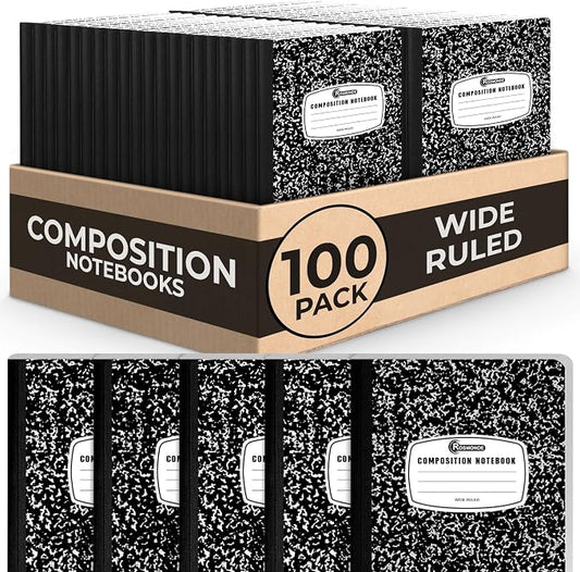 Rosmonde 100 Pack Composition Notebooks Bulk Wide Ruled, 200 Pages (100 Sheets), 9-3/4 x 7-1/2, Hard Cover, Bulk Black Marble Composition Notebook, Bulk Office Notebooks, Bulk Notebooks School Supplies