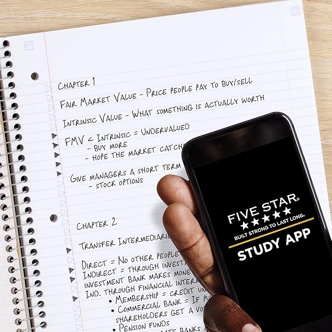 Five Star Spiral Notebook + Study App, 5 Subject, College Ruled Paper, 8-1/2" x 11", 200 Sheets, Fights Ink Bleed, Water Resistant Cover, Pacific Blue (73635) (Pack of 6)