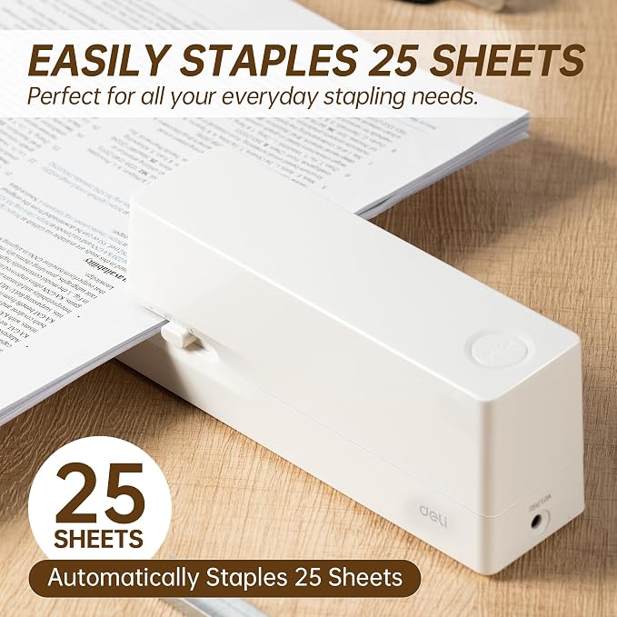 Deli Electric Stapler, Automatic Staplers for Desk, 25-Sheet Capacity | with 2000 Staples & Staple Remover, No-Jam, AC or Battery Powered Staplers for Office Home School, White