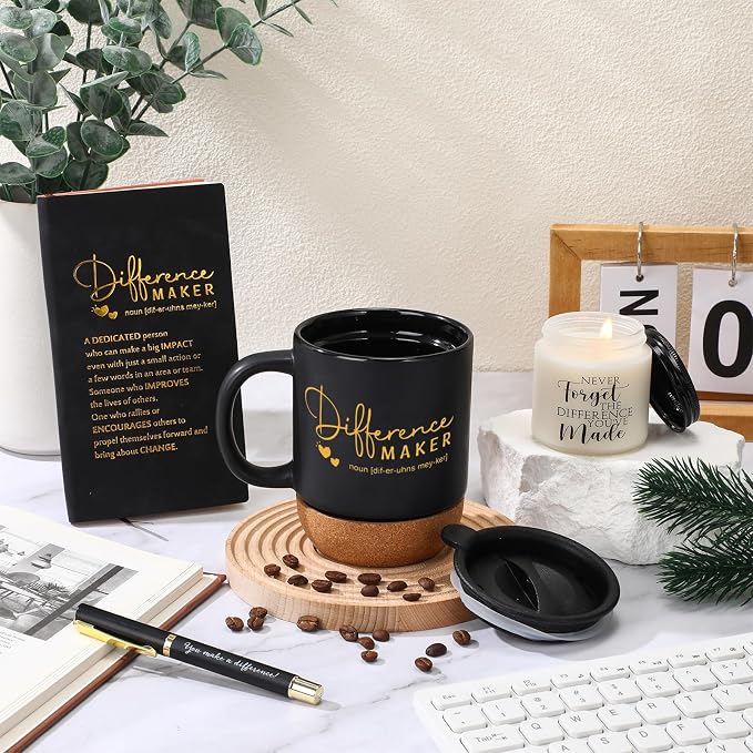 Vesici 4 Pcs Difference Maker Gift Set Mug Notebook Candle Pen,Black,Word