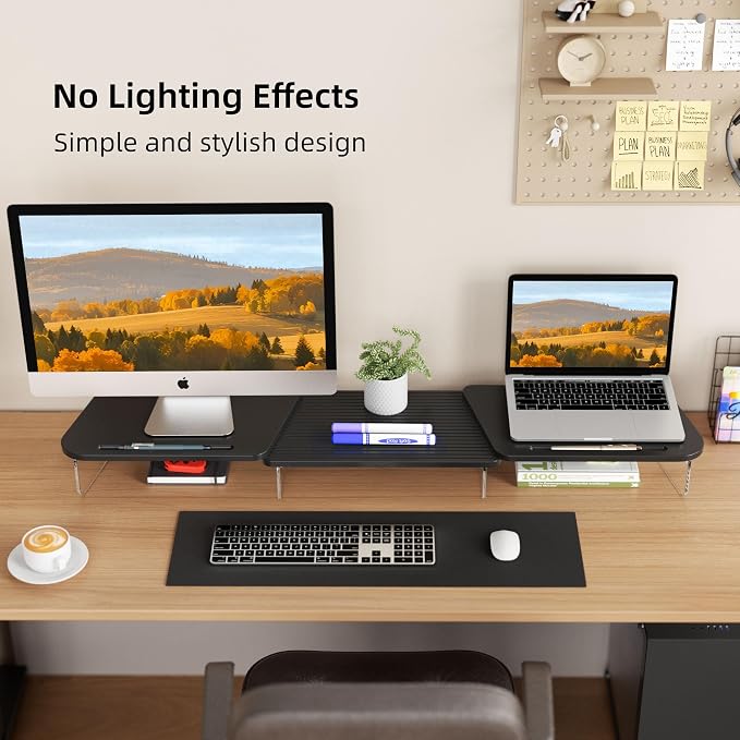 AFOOYO LED Dual Monitor Stand Riser for 2 Monitors,Office Desktop Wooden Stand Adjustable Length and Angle 3 Shelf,Extra Long Multifunctional Stand up to 39.3" for Computer,Laptop,TV,Black