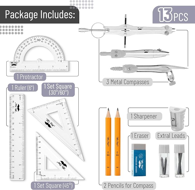 Mr. Pen- Geometry Set, 13 pcs, 3 Metal Compasses, Protractor, 6" Ruler | 45° & 30°/60° Set Squares, Pencils, Lead Refills, Sharpener & Eraser for Math, Drafting & Classroom Use | 45° & 30°/60° Set Squares, Pencils, Lead Refills, Sharpener & Eraser for ...