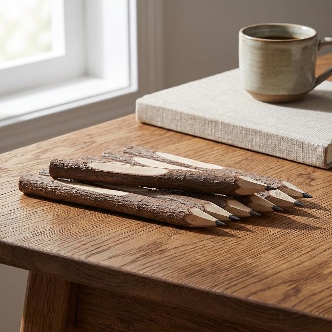 Tofficu 32Pcs Natural Wood Pencils, Wood Graphite Long Twig Pencils, Wooden Tree Bark Pencil Decor, Camping Pens for School Party Supplies Novelty
