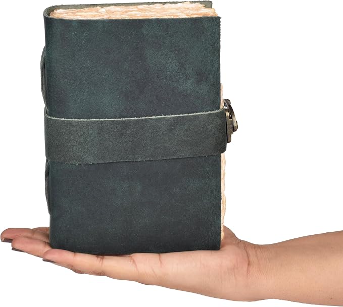 LEATHER VILLAGE Leather Bound Vintage Journal for Women & Men - Book of Shadows - Lock Closure - 200 Pages of Antique Deckle Edges Handmade Watercolor Paper - Turquoise - 7X5 inches
