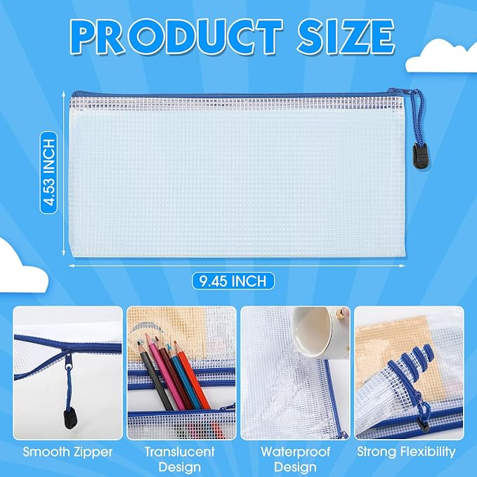 Handepo 100 Pack Mesh Zipper Pouch Pencil Pouches Bulk Clear Storage Bag Small Waterproof Purse Bag Multipurpose for Cash Board Game Passport Office(A6/9.45x4.53in,White Pouch Blue Zipper)
