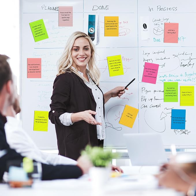 Lined Sticky Notes 4 x 6 Inches, 15 Pads, 375 Sheets Total, 7 Bright Colors, Self-Stick Note Pads with Strong Adhesive, Large Rectangular Sticky Notes for Office, Home, School & Meetings