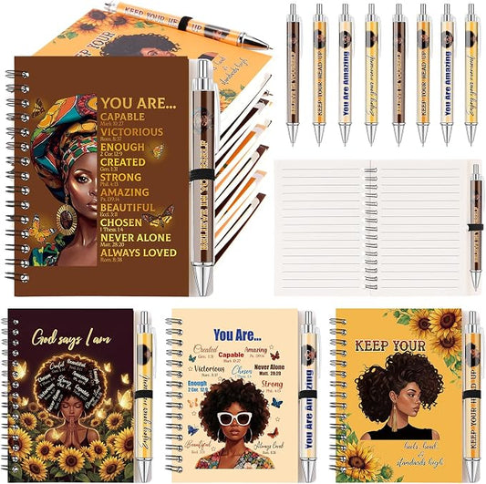 Colarr 12 Sets Black Women Journals and Pen Gifts African American Journal and Pen for Black Girl Lady Brown Inspirational Spiral Notebooks African American Gifts