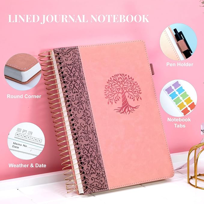 Spiral Notebook Wide Ruled Leather Journal for Women, 300 Pages, 7X10,Pink | Large Notebooks for School Office, Note Taking Notebooks for Writing Lined Notebook with Tabs Pockets Pen Holder