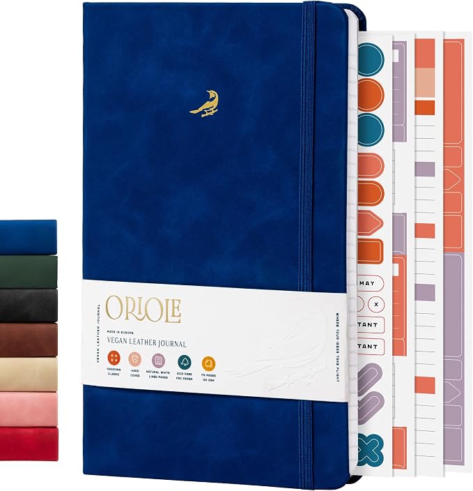 Oriole Vegan Leather Ruled Notebook - Deep Blue | 176 Pages of Thick Lined Paper | Soft Touch Hardcover Journal (5 x 8 in) with Gold Foil Bird Design & Luxury Gift Box