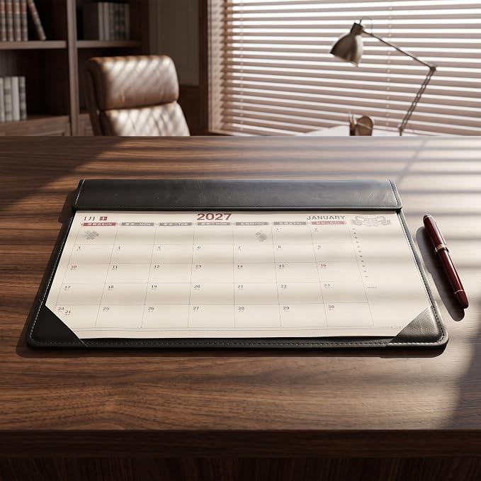 Kisangel Large Desk Blotter Calendar - 2027 PU Leather Computer Pad with Monthly Calendar - 17x12" Desk Mat for Home Office School Study
