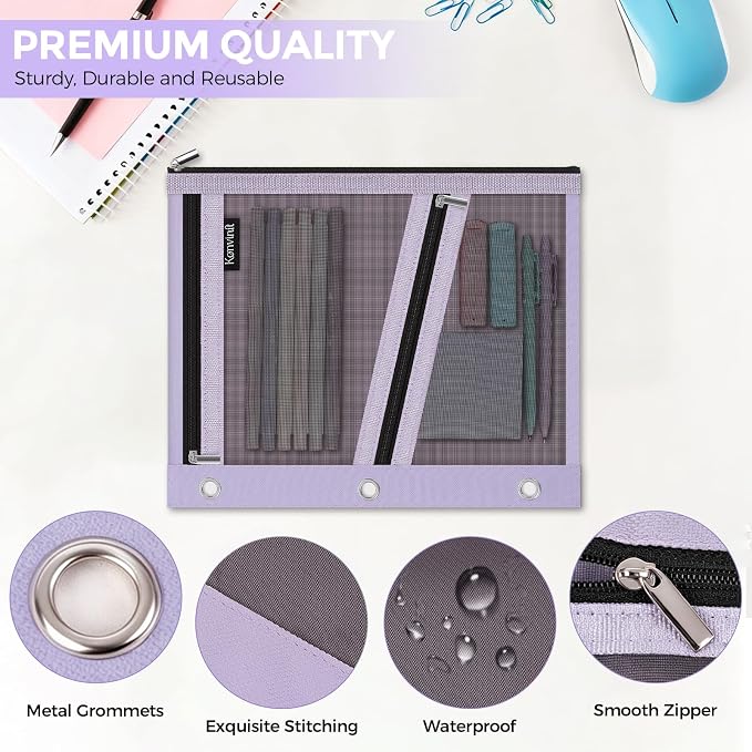 KONVINIT Pencil Pouch for 3 Ring Binder, Purple Zipper Binder Pencil Pouch | Zipper Pencil Pouches, Durable Cloth Pencil Case With 3 Pockets, Mesh Window Pencil Bag With Supplies, Cables, Makeup