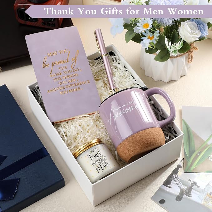 Sayglossy 4 Pcs Thank You Gift Set for Women Men Back to School Teacher Appreciation Gift Leather Notebook Inspirational Coffee Mug Scented Candle Ballpoint Pen for Employee Coworker Nurse Boss, Puple