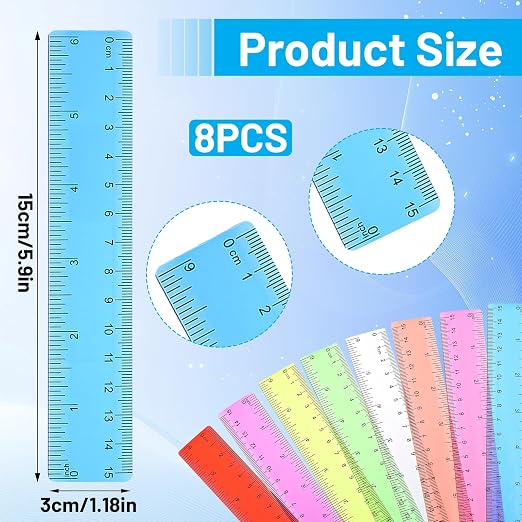 8Pack 15cm Colorful Transparent Plastic Rulers, 6" Ruler with Centimeters, Millimeter and Inches, Assorted Colors Clear Rulers Bulk for Classroom