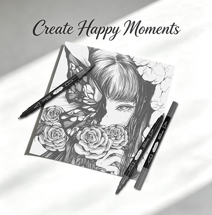 10 Pack Gray Markers for Coloring,1-6mm Dual Brush Pens with 0.4mm Fine Tip Markers,Gray Drawing Pens for Art Drawing Sketching Calligraphy
