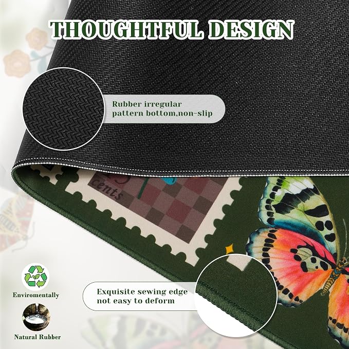 iCasso Vintage Desk Cover Mat, XXL Large Butterfly Mouse Pad,Desk Matt for Desktop Protector, Anti-Slip Mousepad with Stitched Edges for Laptop Computer Keyboard(Olive Green)