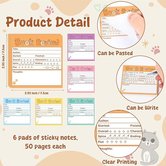 L1rabe Book Review Mini Sticky Notes - 6PCS Colorful Cat Self-Stick Notepad | Back to School Memo Pads for Students, Kitten Reading Tracker Log Stickers, Book Lovers Readers Bookworm Supplies, 300 Sheets
