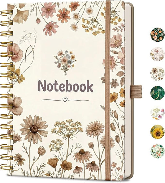 AHGXG Spiral Journal Notebook, 160 Lined Pages, A5 Size (5.7'' x 8.3'') | for Women, Journaling, Writing, Work & Office, Hardcover, 100 GSM Thick Paper (Warm Beige Floral)