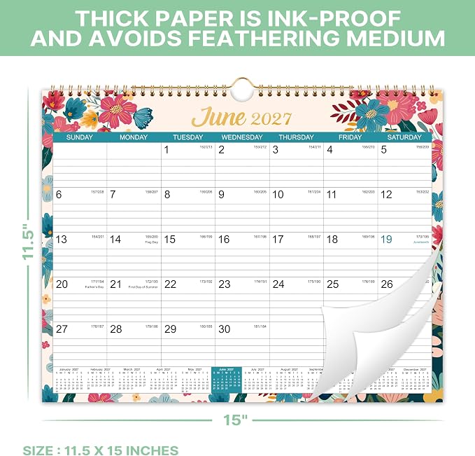 2027 Calendar - 2027 Wall Calendar, Jan.2027 - Dec.2027, 15" x 11.5" | 2027 Wall Calendar 12 Month, Twin-Wire Binding, Julian Dates, Large Block, Notes, To-do List, Thick Paper - Floral