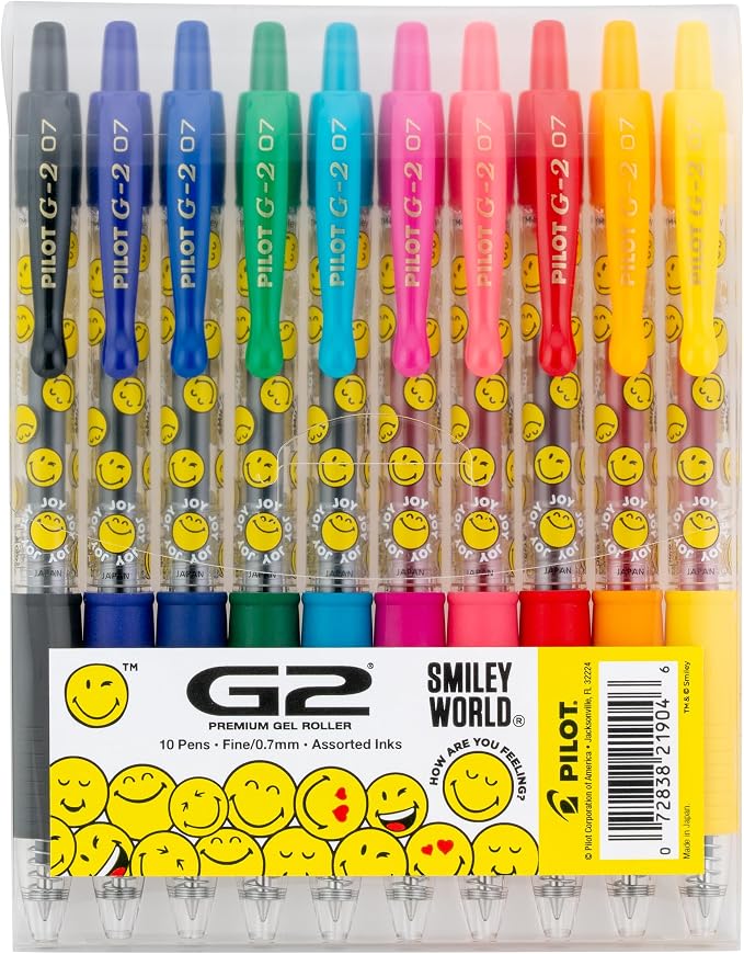 PILOT, G2 Premium Gel Roller Pens, G2 SmileyWorld Collection, Write Happier, 10 Pack Pouch, Fine Point 0.7 mm, Assorted