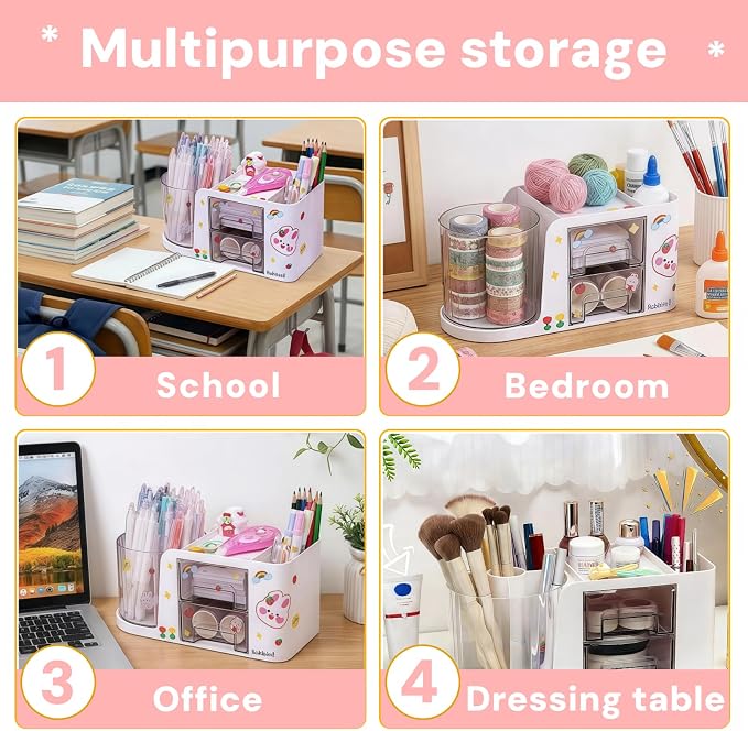 Desk Organizer with 2 Drawer, 360°Rotating Pencil Holder for Desk, Office organization, Desk accessories for women with 5 Compartments for School, Home, Office Supplies, Includes Cute Sticker (White)