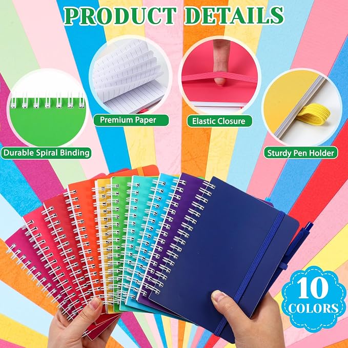 Fulmoon 10 Set Small Spiral Notebooks A6 with Pens Bulk, Multicolor 4" x 6" Pocket Notebooks Mini Lined Journals 50 Sheets for Back to School Supplies Students Rewards Office Gifts (Candy Brights)