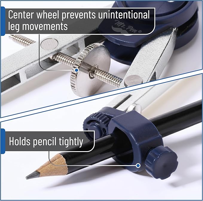 Mr. Pen- Metal Geometry Compass, Center-Wheel Design | Precision Drafting Compass with Pencil for School & Technical Drawing, Draws Circles up to 11 Inches Diameter