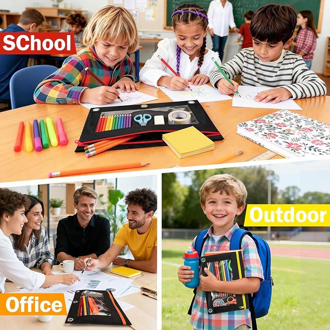 24 Pack Pencil Pouch for 3 Ring Binder, Featuring Colored Zippers & Transparent Windows, Multicolors Fabric Pencil Case Pouch Durable Zipper Pencil Bags in Bulk for Office School Supplies (6 Colors)