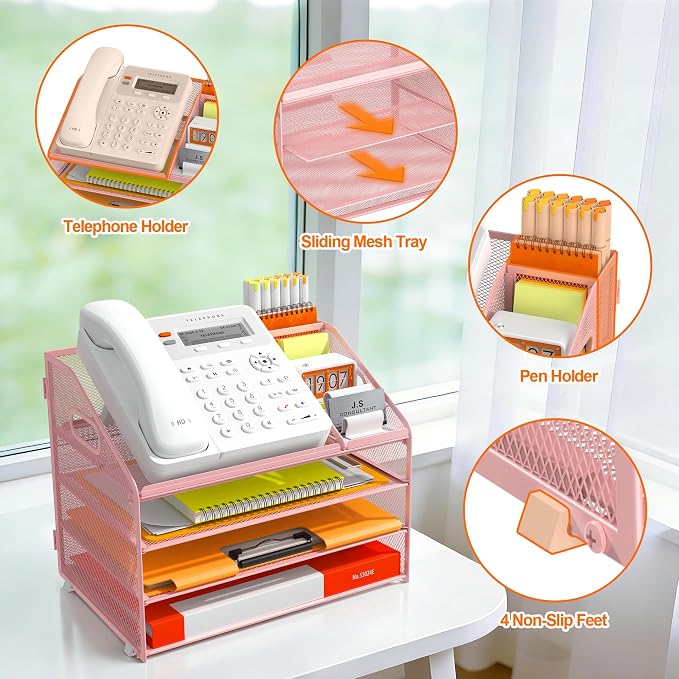 DocNest 4 Tier Metal Mesh Desk File Organizer with Phone Shelf, Pink | Desktop letter tray sorter features a 9.1x9.1 inch top phone holder, built-in sticky note compartment and pen holder