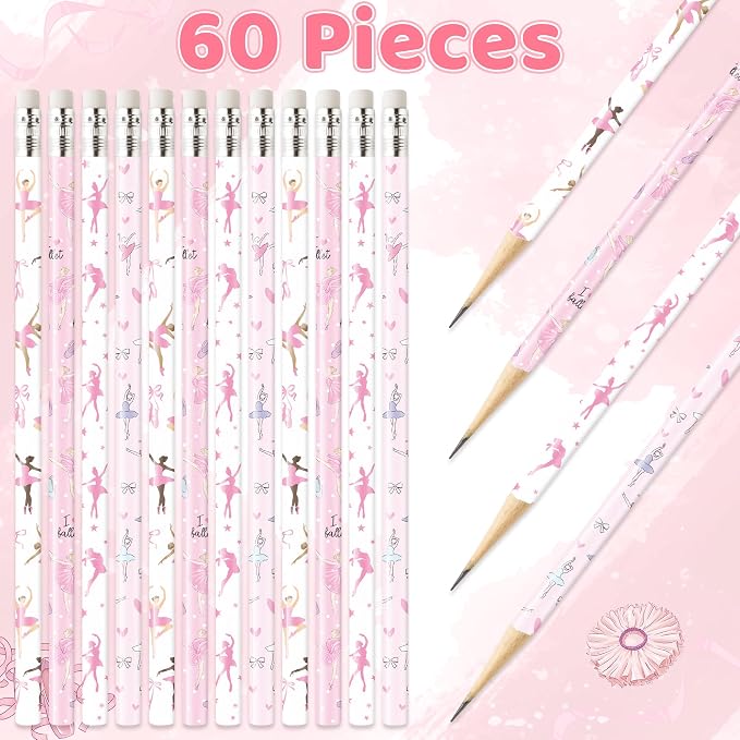 Xqumoi 60Pcs Dance Ballet Pencils with Eraser - Ballerina Theme #2 HB Pencils, School Classroom Student Rewards Back to School Office Supply Party Goodie Bag Fillers Stuffers Birthday Party Favors