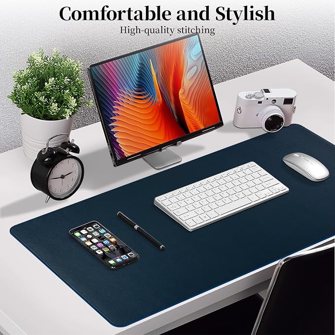 Dark Blue Leather Desk Mat Large Mouse Pad, Waterproof Desk Pad for Keyboard and Mouse, Non-Slip Computer Desk Protector, Smooth Mouse Movement Desk Mat for Home and Office(31.5"×15.7")