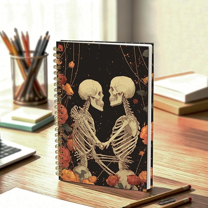 HOXUNQINA Gothic Halloween Couple Skeleton Journal Notebook 5.5x8.3 | Romantic Rose Flower Skeleton Lovers Journal for Women, Dark Academia Gothic Office Supplies Notebooks for Work