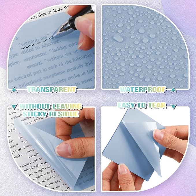 Jetec 500 Sheets Transparent Sticky Notes Bulk 3x3 Pastel See Through Sticky Notes Clear Books Annotation Tabs Bible Study Supplies Self Adhesive Waterproof Translucent Memo Pad for Office Reading