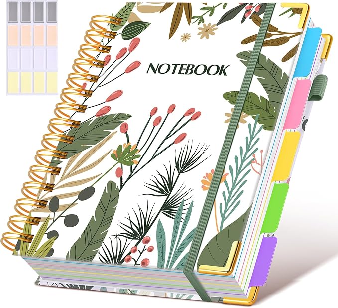 Hardcover Spiral Notebook journal with Removable Dividers Tabs, 300 Pages 5 Subject Notebook College Ruled, 100GMS Notebooks for Work School Note taking,Lined Journal for Women,A5 Colorful Botanicals