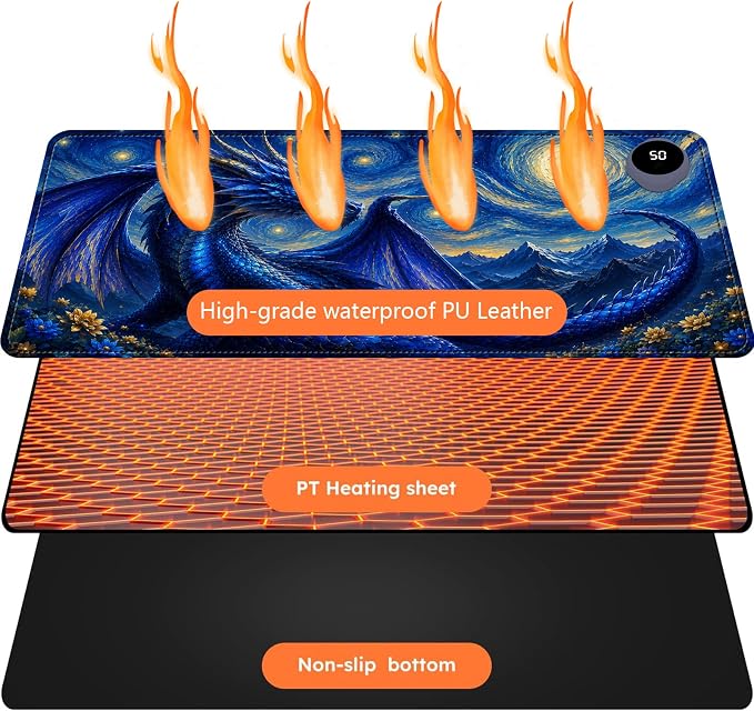 Large Heated Mouse Pad–31.5" x 13" Desk Mat for Office | 3 Adjustable Heat Levels,Auto Shut-Off After 3 Hours for Safety,Keeps Hands Warm While Working，Blue Dragon Starry Sky