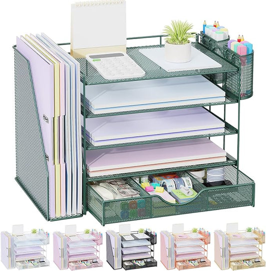 gianotter 5-Tier Desk Organizer with Drawers and File Holders | Letter Trays and Pen Holders - Workspace Accessories for Office Supplies (Green)
