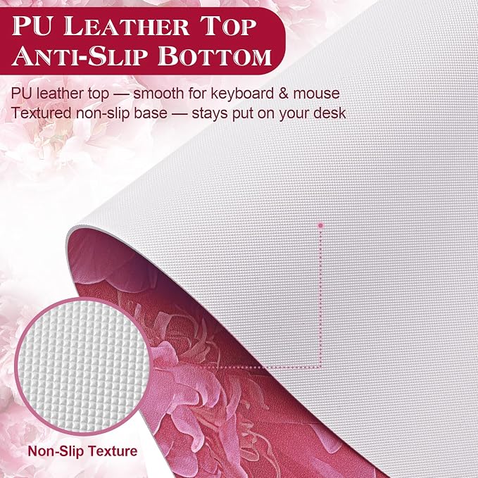 Desk Mat, 31.5 x 15.7 in, Pink Peony Floral PU Leather | Keyboard and Mouse Pad, Non-Slip Base, Waterproof, Easy Clean, Office Gaming Computer Protector