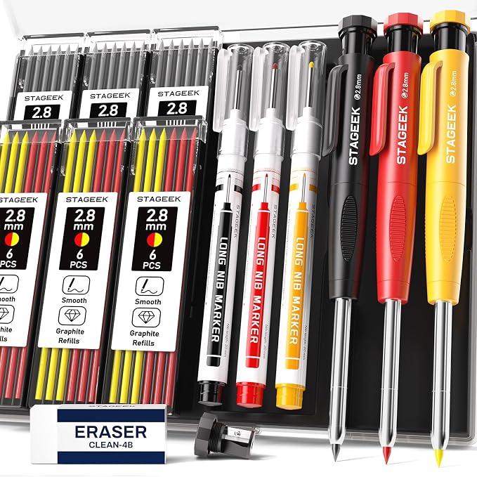 STAGEEK 2.8mm Carpenter Pencils with Sharpener, 3-Pack, Storage Case | 39 Refills, Deep Hole Long Nib Marker, Waterproof Heavy Duty Woodworking Tools for Architect Construction Electricians