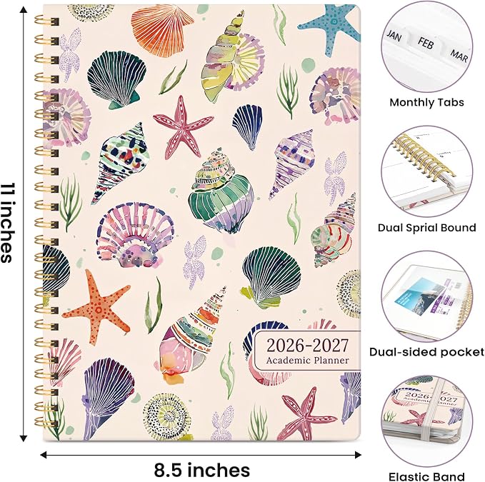 Academic Planner 2026-2027, Weekly and Monthly Calendar Book, July 2026 – June 2027, Hardcover Planner with Tabs, Perfect for Teachers, Students, Women & Men, A4 (8.5" x 11") - Sea Shell