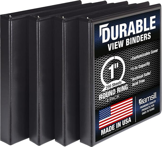 Samsill 4 Pack Durable 1 Inch 3 Ring Binders, Round Ring, Clear View Cover for Presentations, Black