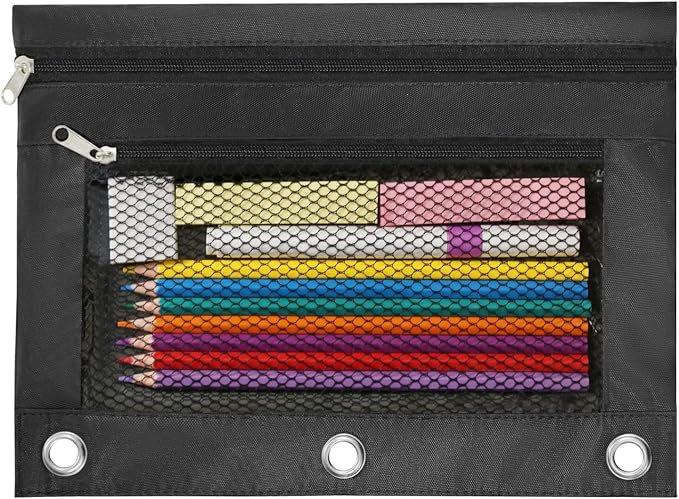 3 Ring Pencil Pouch for Binder, 2-Pocket Zipper Pencil Case with Clear Window & Mesh Pocket, 600D Oxford Fabric Binder Pouch for School Office Supplies, Fits Standard 3-Ring Binders, Black