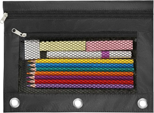 3 Ring Pencil Pouch for Binder, 2-Pocket Zipper Pencil Case with Clear Window & Mesh Pocket, 600D Oxford Fabric Binder Pouch for School Office Supplies, Fits Standard 3-Ring Binders, Black
