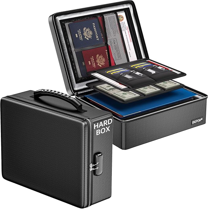 ENGPOW Fireproof Document Box with Lock & Heat-Resistant Fireproof Zipper | 6400°F 12-Layer Fire Protection,Hard Case File Organizer with Multi-Pocket,Portable Home Safe Storage for Money,Jewelry