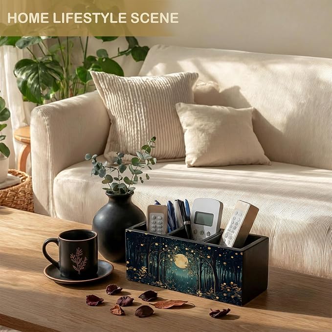 Rustic Night Moon Forest William Morris Inspired Wooden Pencil Pen Holder for Desk Organizers and Accessories, Vintage Nature Botanical Makeup Brush Holder Organizer for Bathroom Vanity