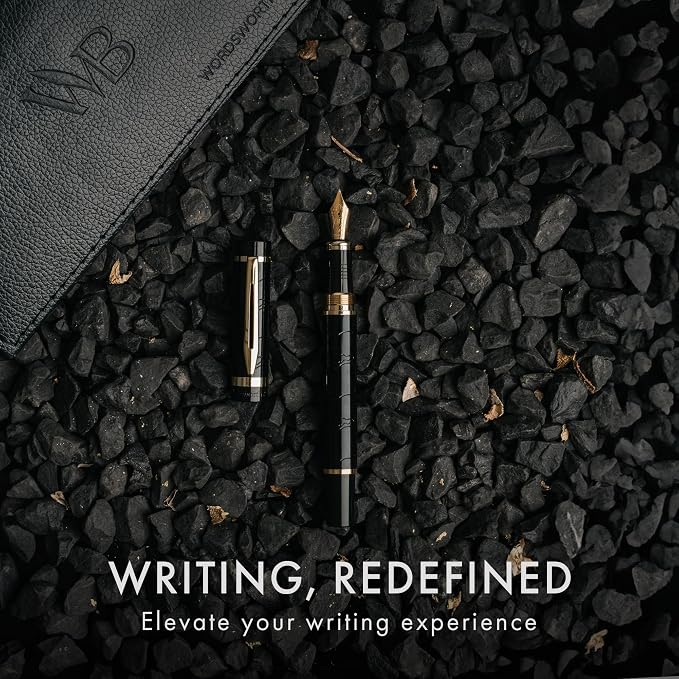Wordsworth & Black Primori Luxury Fountain Pen Set for Writing, Medium Nib | Black Gold, Gift for Men Women, Metal Body, 18K German Iridium, Calligraphy, Converter + 24 Ink Cartridges, Refillable