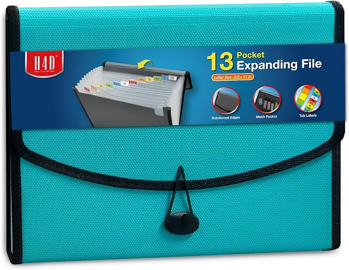 H4D 13-Pocket Accordion File Organizer, Expanding File Folder, Teal | Extra Back Mesh Pocket, Letter Size Paper, Pre-Printed and Customizable Labels, Expandable Document Organizer