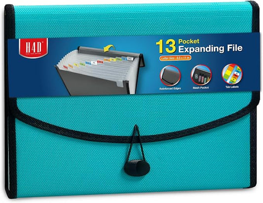 H4D 13-Pocket Accordion File Organizer, Expanding File Folder, Teal | Extra Back Mesh Pocket, Letter Size Paper, Pre-Printed and Customizable Labels, Expandable Document Organizer