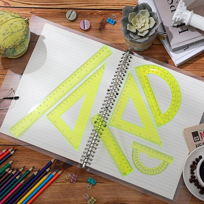 Tenare 6 Pcs Plastic Ruler Math Set Includes 12 Inch 6 Inch Straight Protractor Triangle Geometry Transparent Math Ruler Measuring Tools for School Office Home(Yellow)