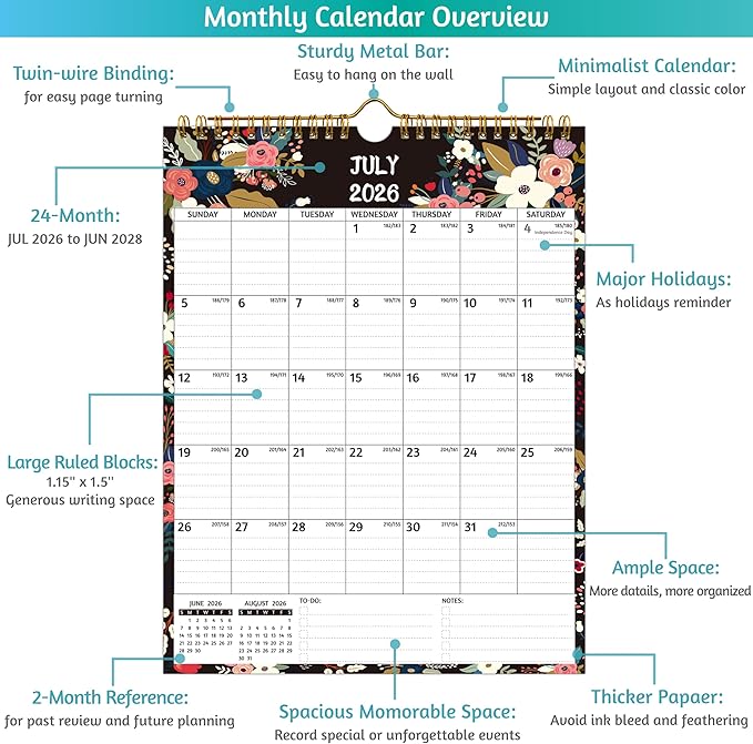 Wall Calendar 2026-2028 – 2 Year Calendar 2026-2028, 8.5 x 11 In, Jul 2026 - Jun 2028, 24-Month Calendar, Small Monthly Calendar 2026-2026 Vertical, Ruled Blocks, Thick Paper, Holidays, To-do ＆ Notes